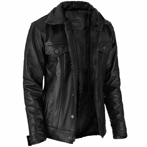 Veste en cuir sherpa noire