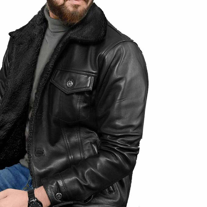 Veste en cuir sherpa noire