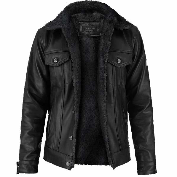 Veste en cuir sherpa noire