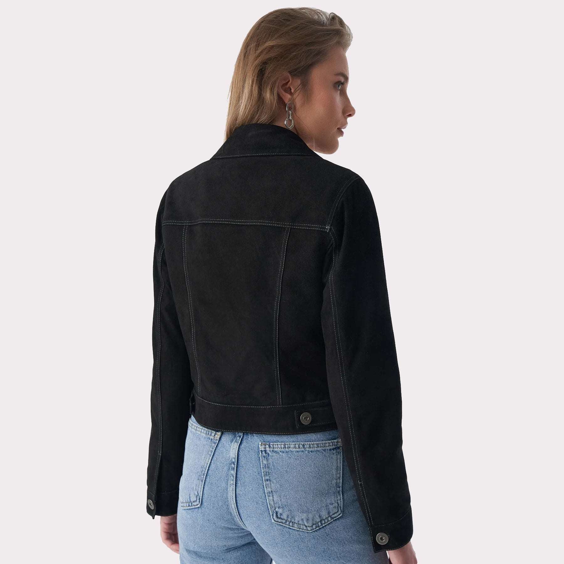 Veste en cuir suédé noir pour femme