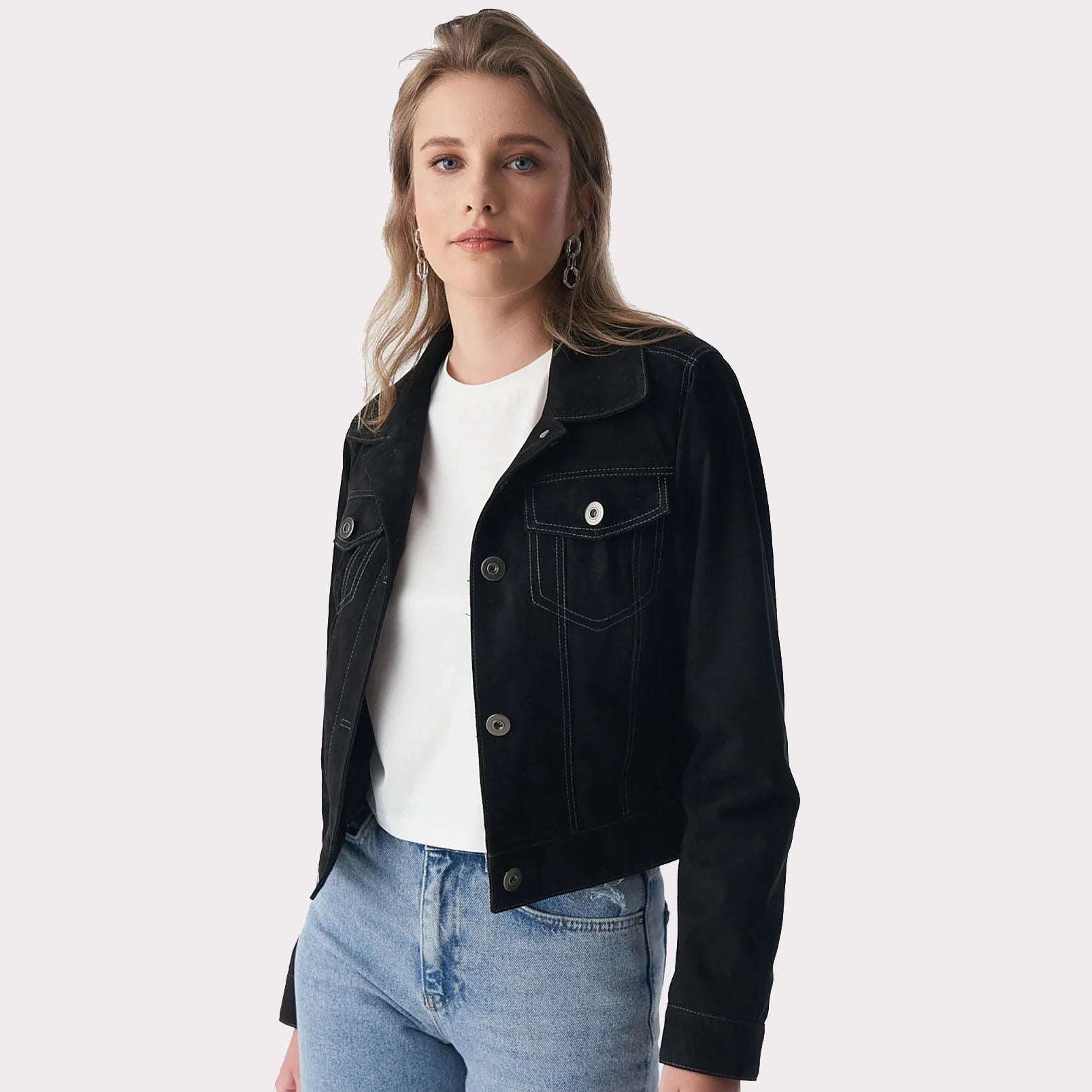 Veste en cuir suédé noir pour femme