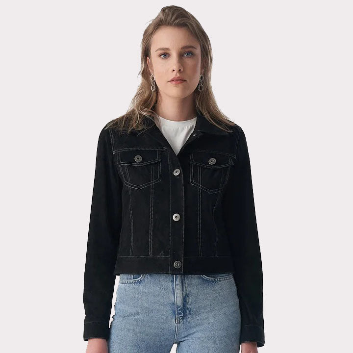 Veste en cuir suédé noir pour femme