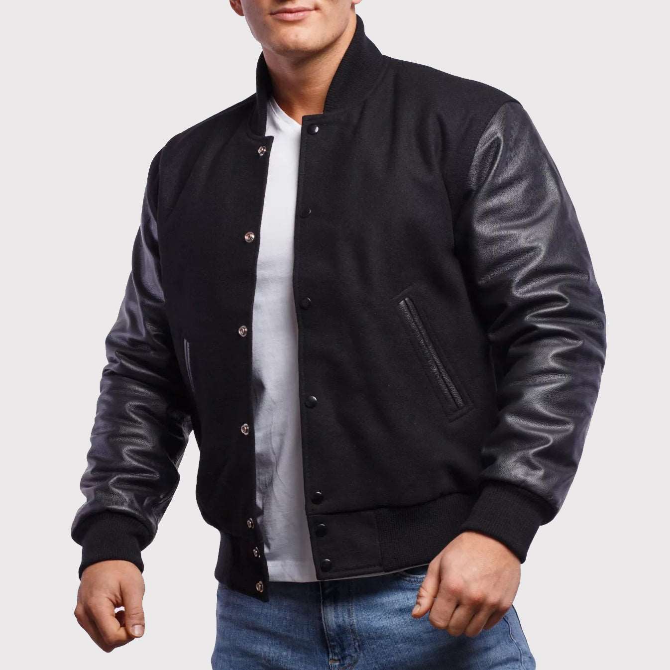 Veste Letterman classique en laine noire et manches en cuir