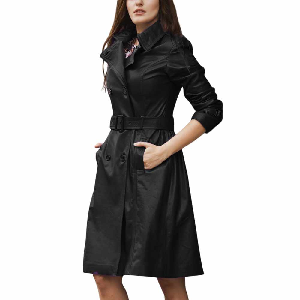 Trench-coat en cuir véritable coupe slim pour femme