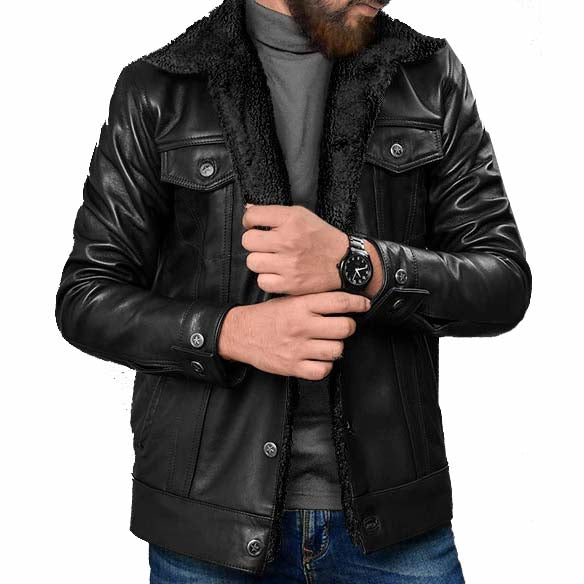 Veste en cuir sherpa noire