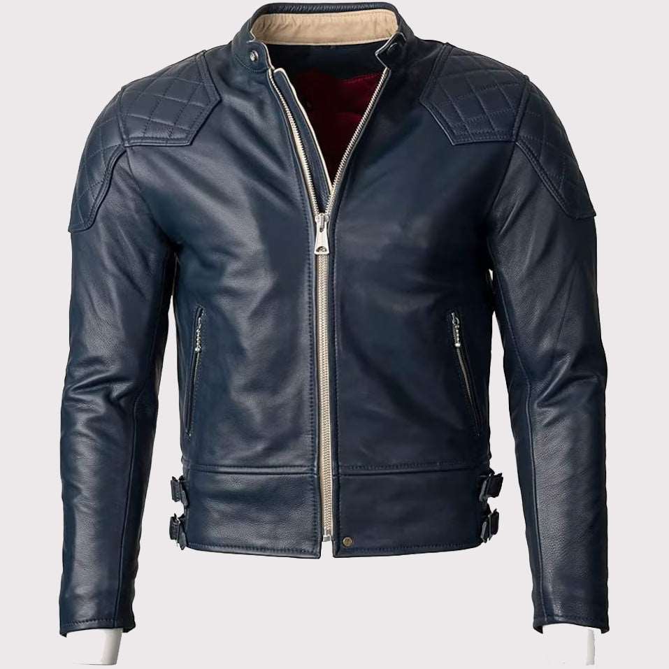 Veste de moto en cuir bleu pour homme - Top doré