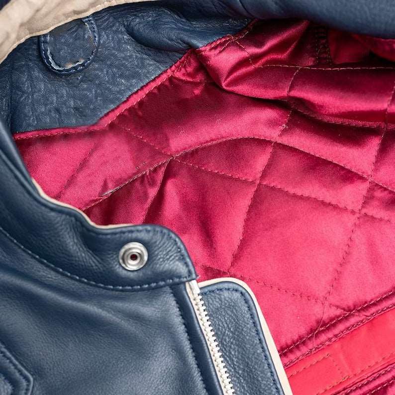 Veste de moto en cuir bleu pour homme - Top doré