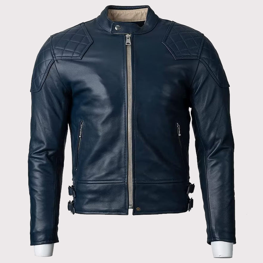 Veste de moto en cuir bleu pour homme - Top doré