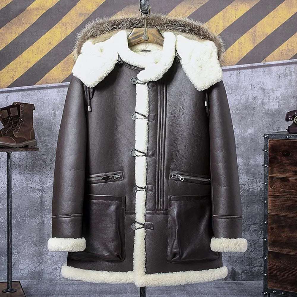 Blouson aviateur en peau de mouton retournée marron B3 - Manteau en cuir à capuche