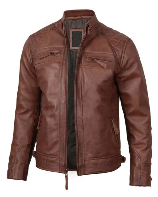 Veste en cuir matelassée marron Cafe Racer