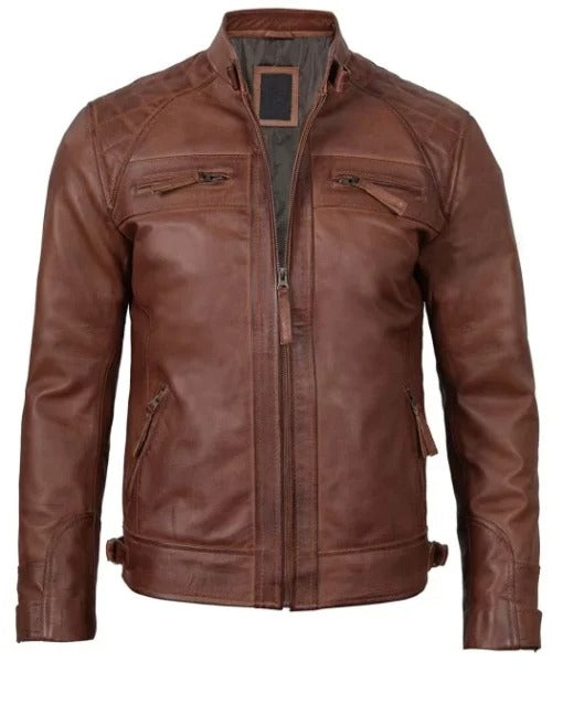 Veste en cuir matelassée marron Cafe Racer