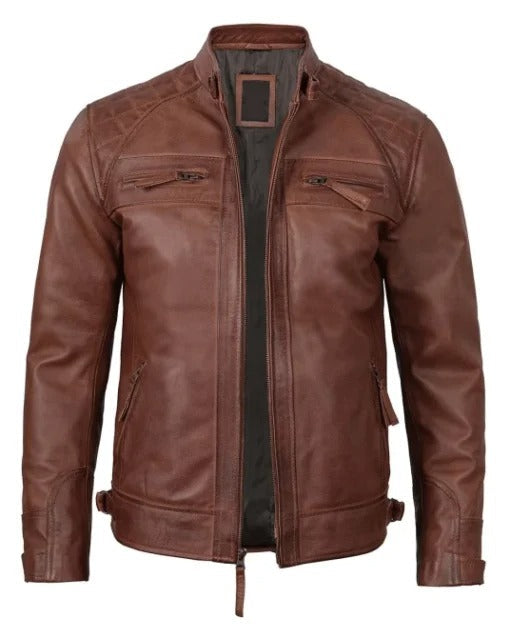 Veste en cuir matelassée marron Cafe Racer