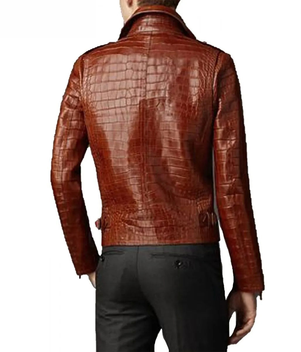 Veste de motard en cuir d'alligator marron pour homme