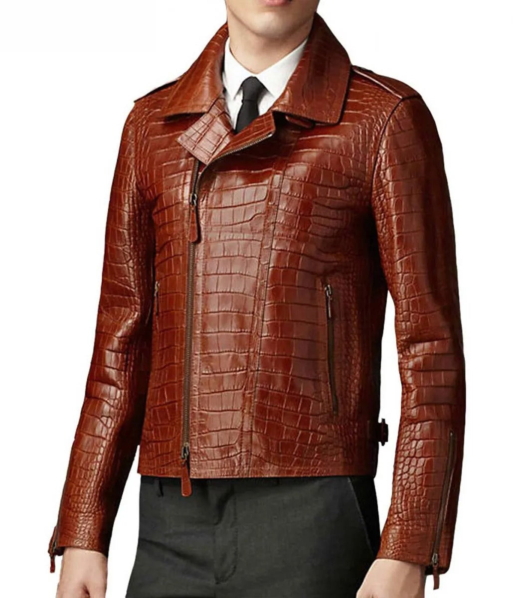 Veste de motard en cuir d'alligator marron pour homme