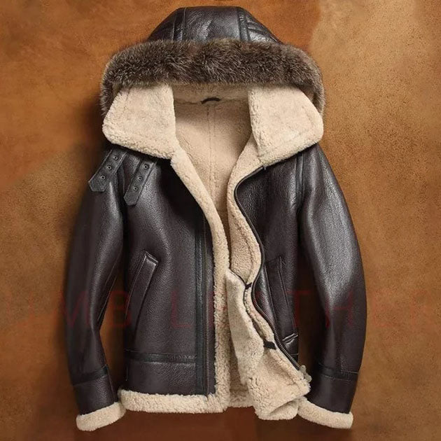 Brown Fur Collar Shearling Bomber Jacket