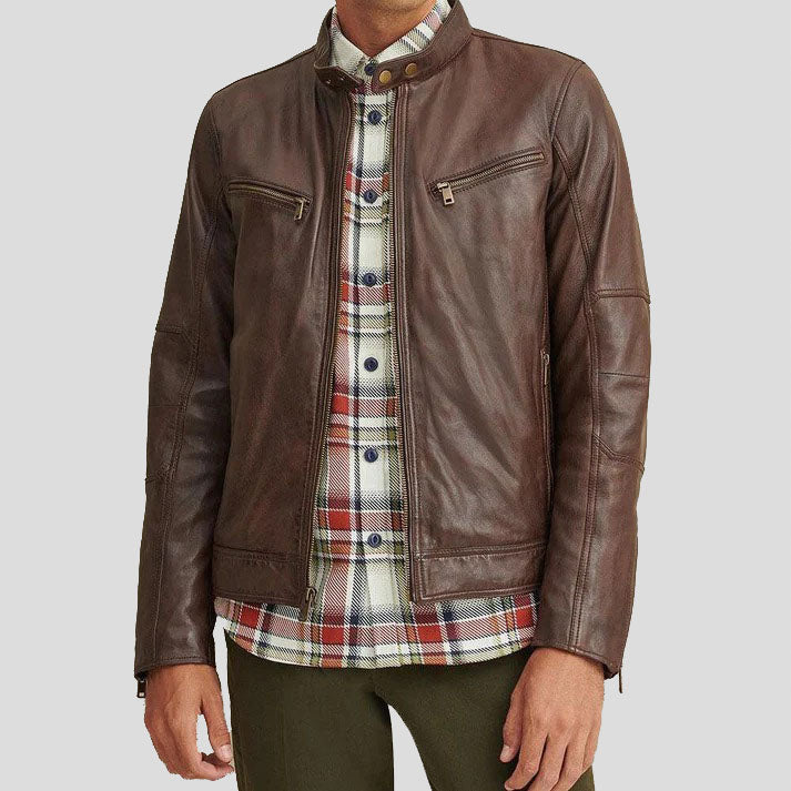 Brown Leather Moto Biker Jacket For Men