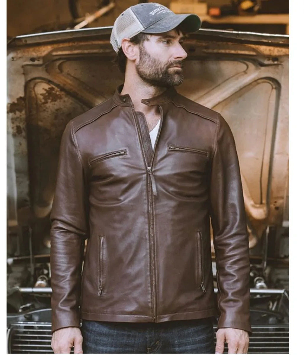 Veste moto en cuir marron Thompson pour homme