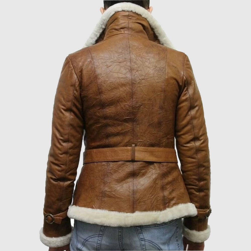 Brown Pilot Aviator Shearling Leather Jacket for Women