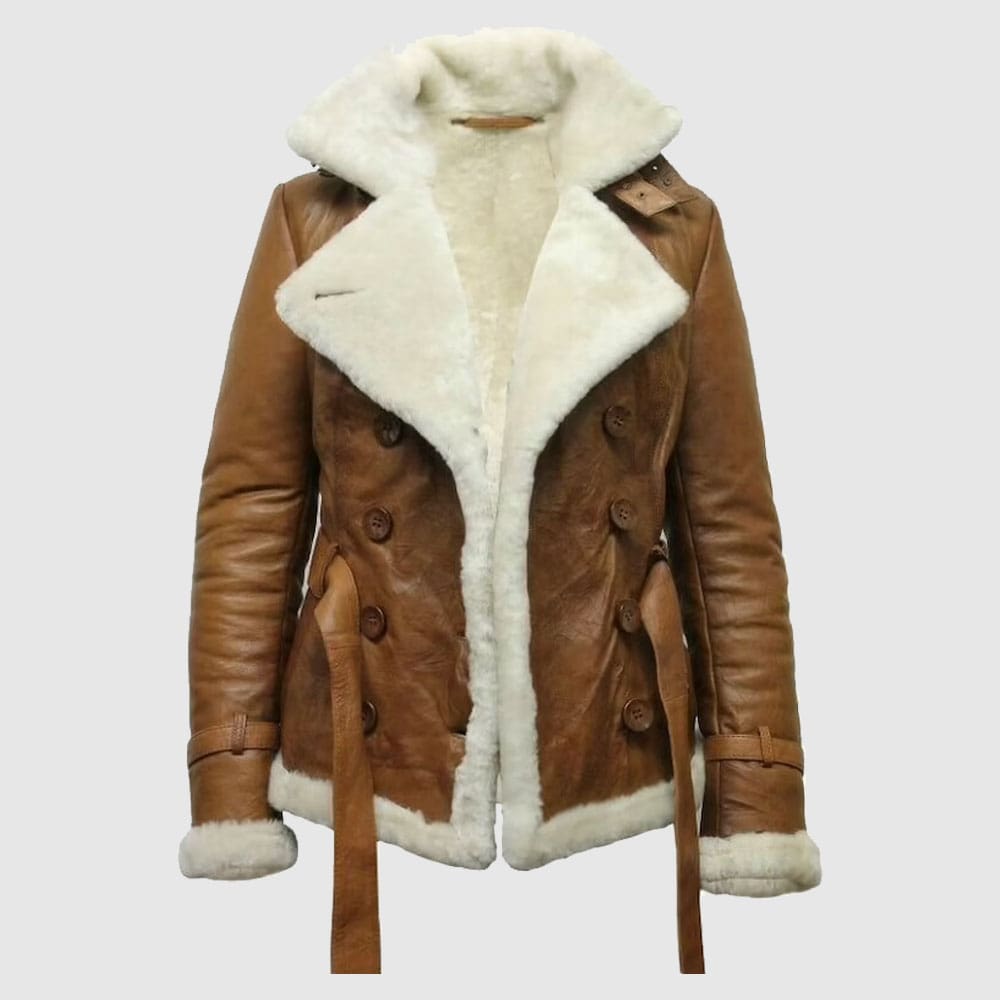 Brown Pilot Aviator Shearling Leather Jacket for Women