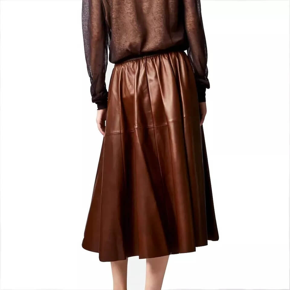 Brown Real Leather A-Line Flare Midi Skirt - Women's Fashion Skirt