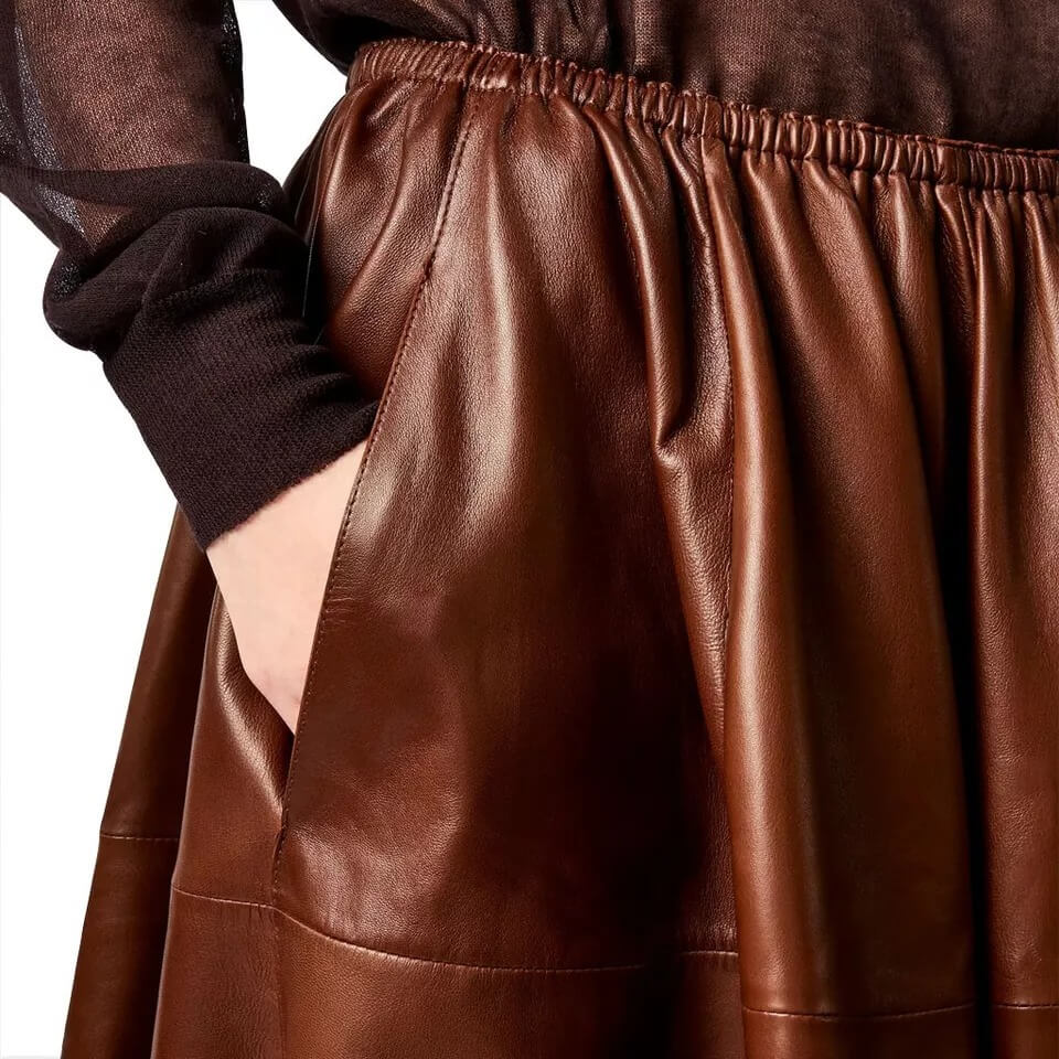 Brown Real Leather A-Line Flare Midi Skirt - Women's Fashion Skirt