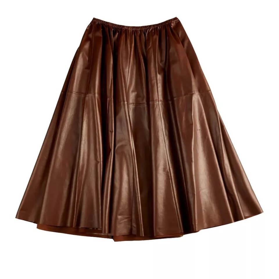 Brown Real Leather A-Line Flare Midi Skirt - Women's Fashion Skirt