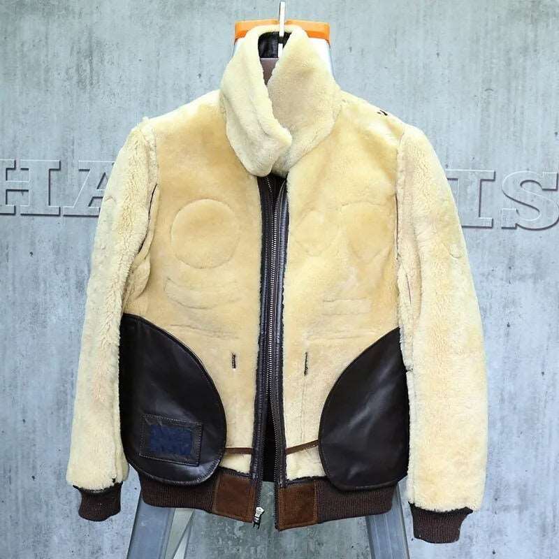 Veste aviateur classique en peau de mouton retournée marron - Manteau court en cuir pour homme