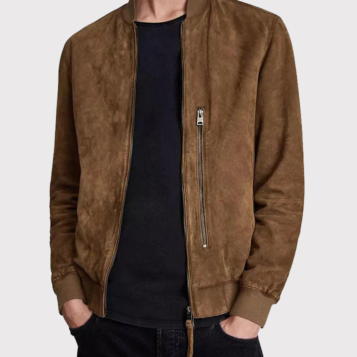 Blouson aviateur en cuir véritable suédé marron pour homme