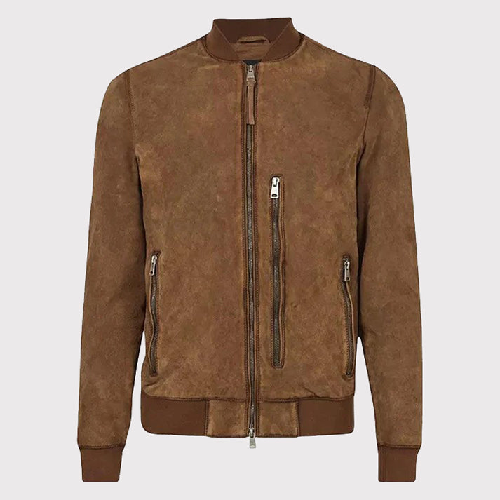 Blouson aviateur en cuir véritable suédé marron pour homme