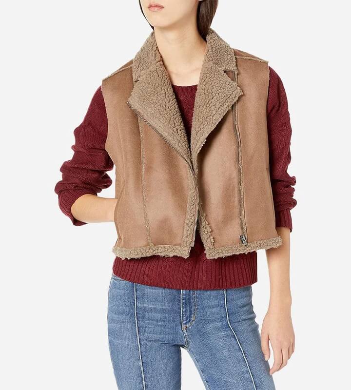 Gilet de motard en cuir et peau de mouton marron pour femme