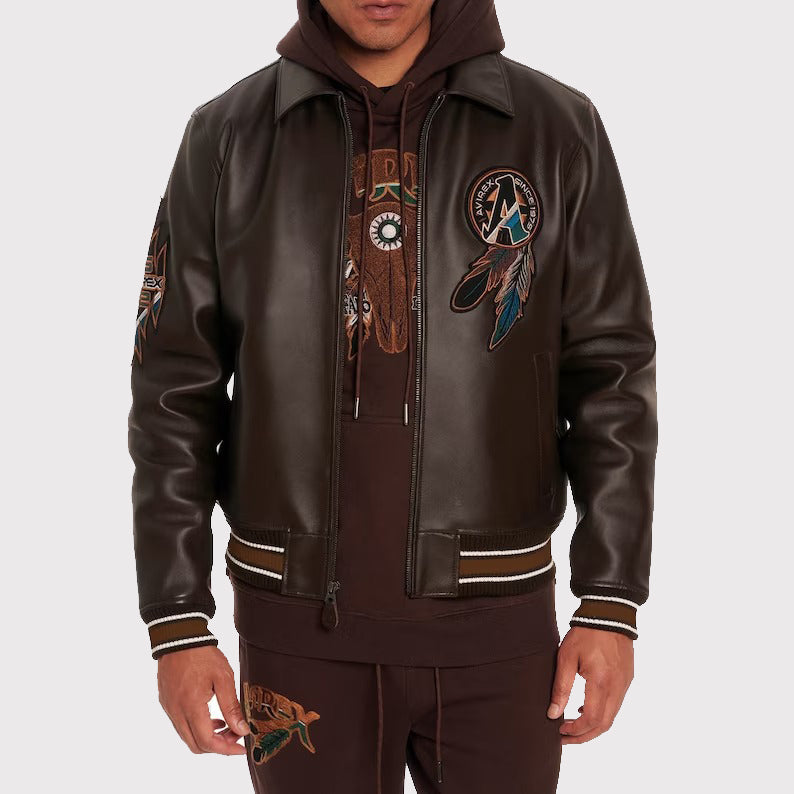 Veste en cuir brodée Buffalo Legend A2 - Veste en cuir marron pour homme