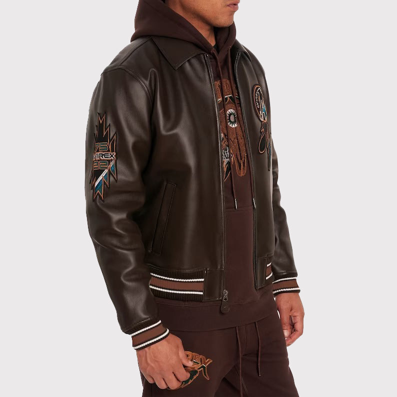 Veste en cuir brodée Buffalo Legend A2 - Veste en cuir marron pour homme