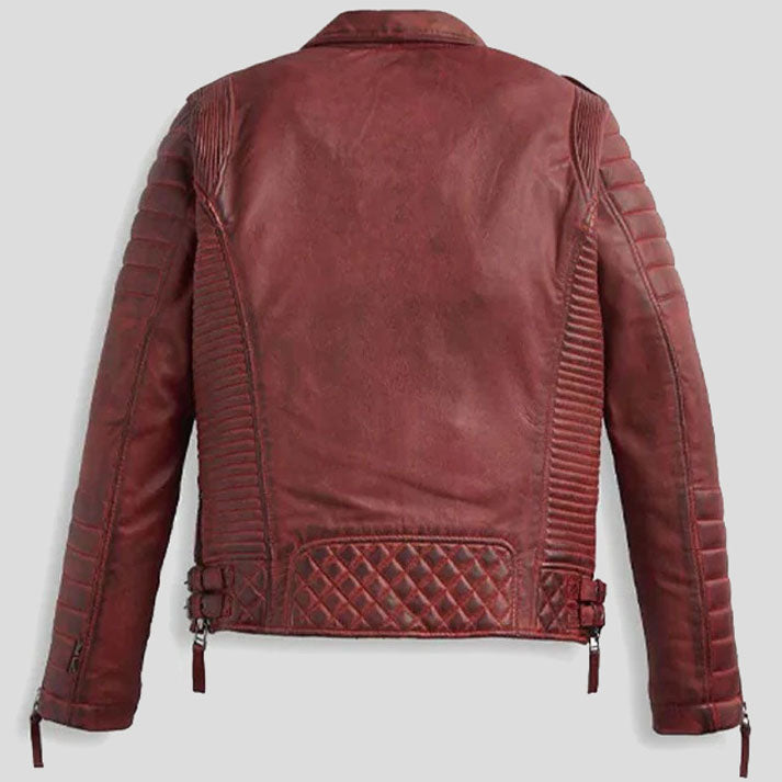 Veste de motard en cuir rouge brûlé pour homme