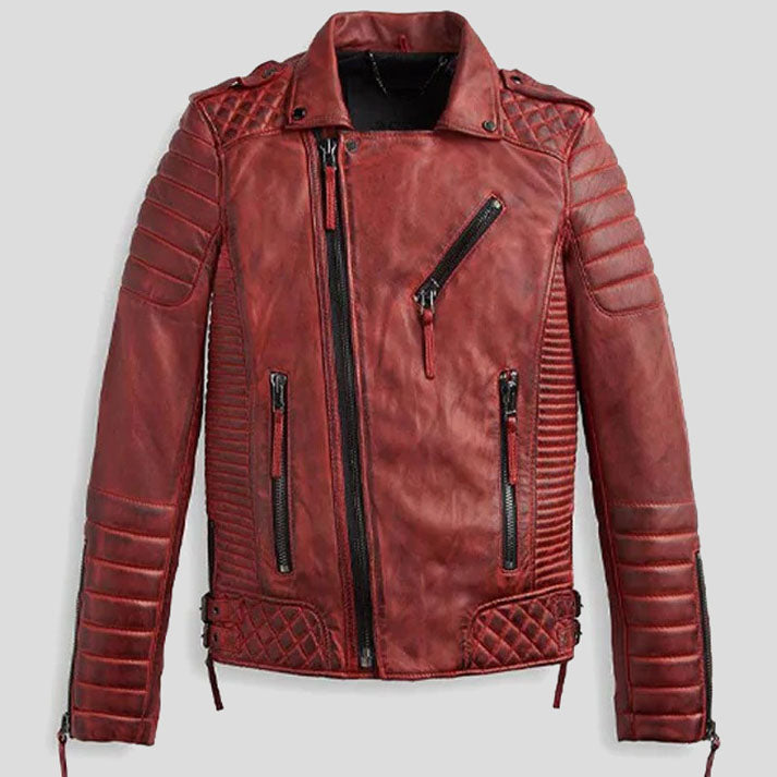 Veste de motard en cuir rouge brûlé pour homme