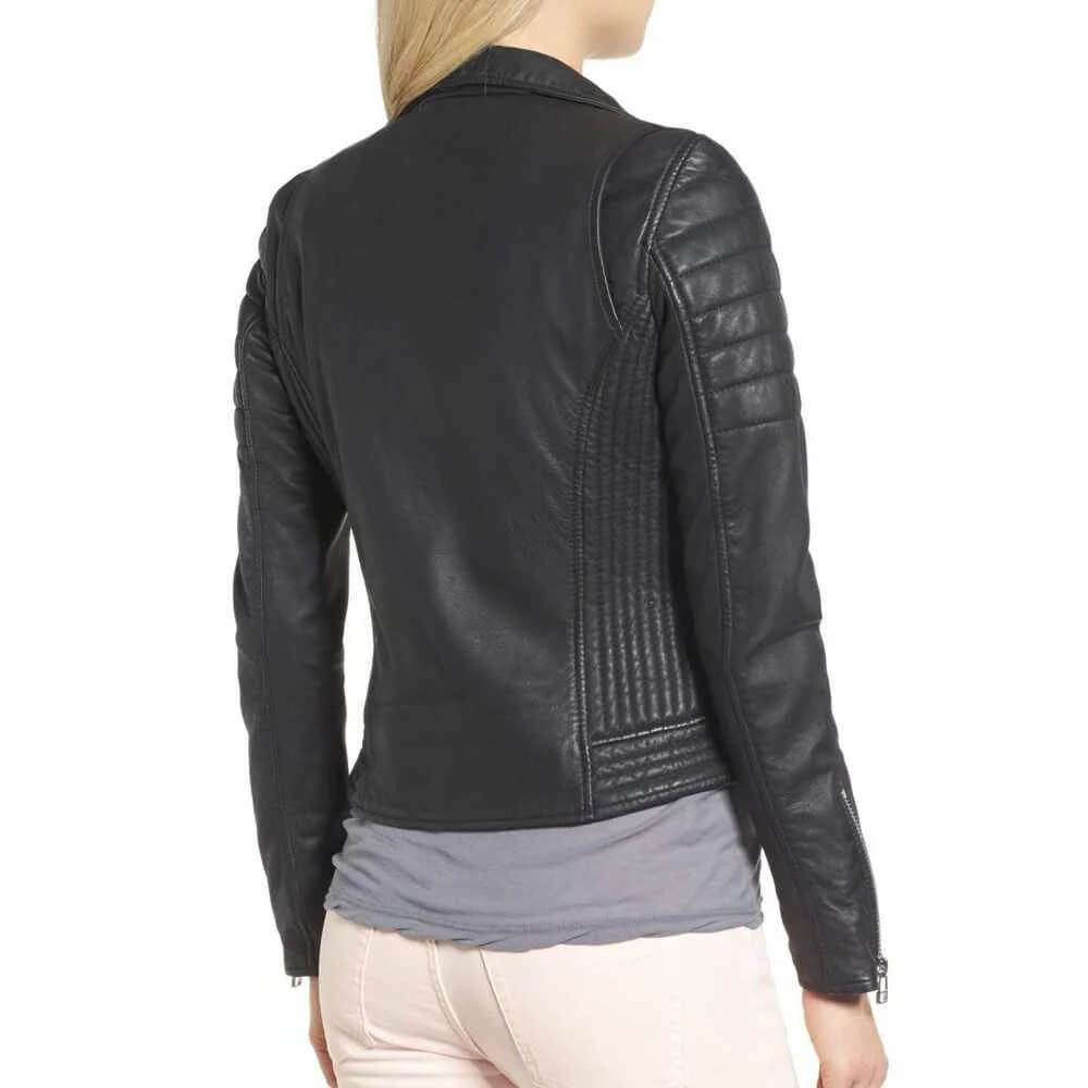 Veste de moto classique en cuir noir coupe slim pour femme