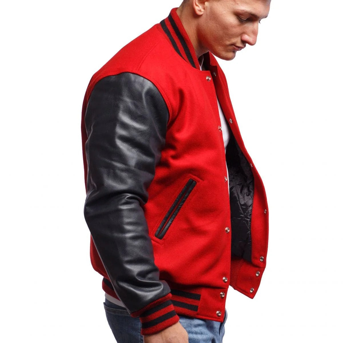 Veste en cuir rouge universitaire pour homme avec manches noires