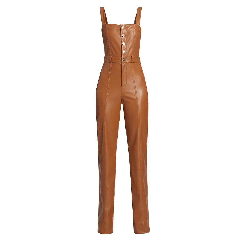 Combinaison en cuir vegan marron camel boutonnée sur le devant pour femme - Classique et durable