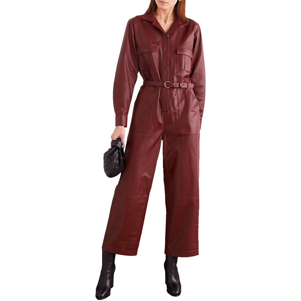 Combinaison en cuir rouge cerise pour femme