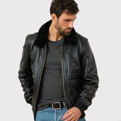 Blouson aviateur classique en cuir de vachette noir