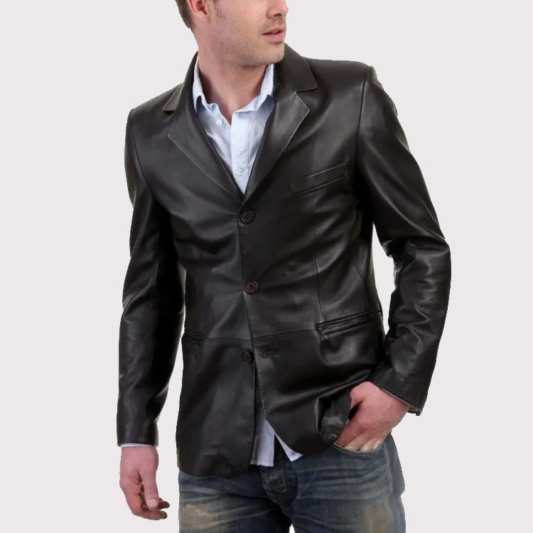 Veste blazer classique en cuir noir pour homme