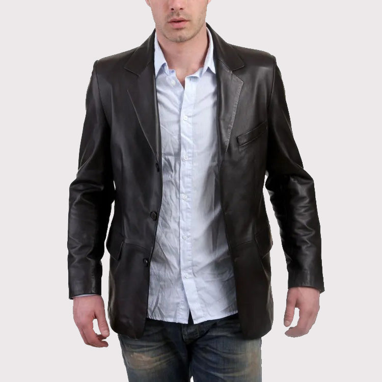 Veste blazer classique en cuir noir pour homme