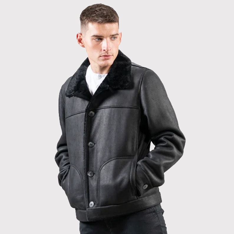 Veste classique noire en peau de mouton véritable pour homme