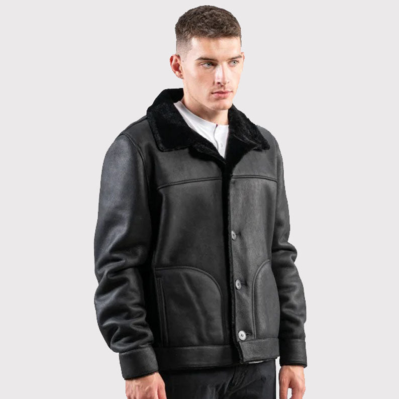 Veste classique noire en peau de mouton véritable pour homme