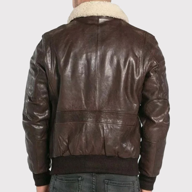 Blouson aviateur classique en cuir de mouton marron