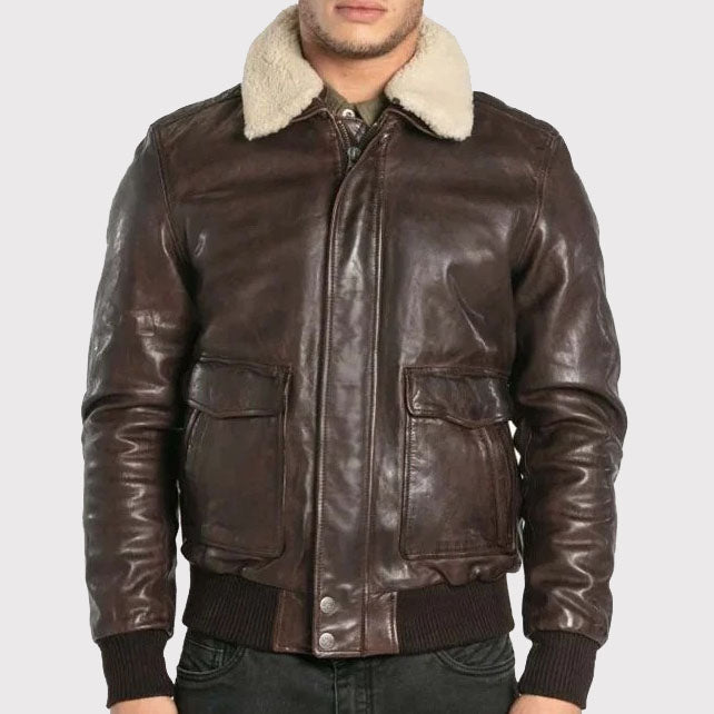 Blouson aviateur classique en cuir de mouton marron