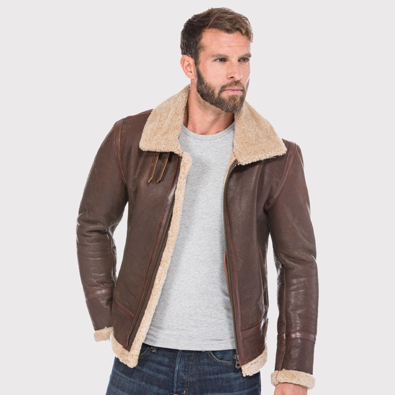 Veste classique en cuir marron pour homme en peau de mouton retournée