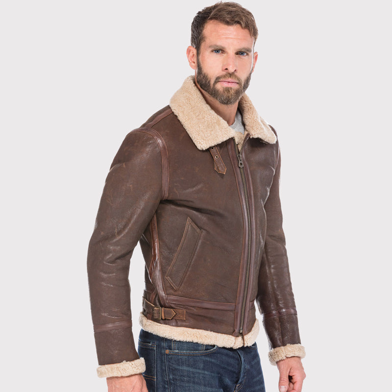 Veste classique en cuir marron pour homme en peau de mouton retournée