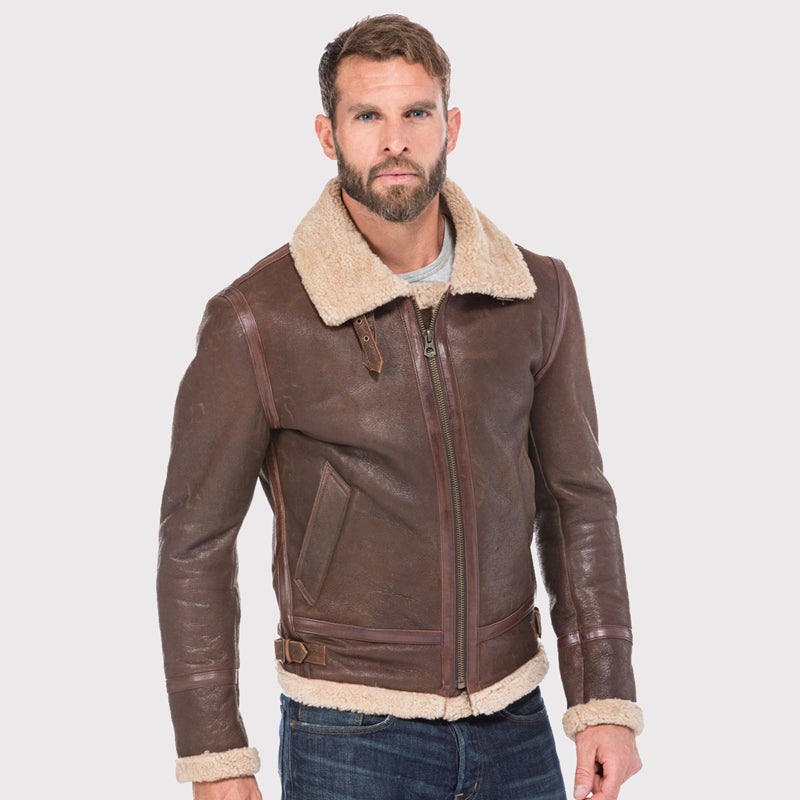 Veste classique en cuir marron pour homme en peau de mouton retournée