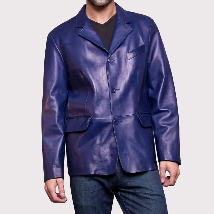 Veste blazer en cuir bleu classique pour homme