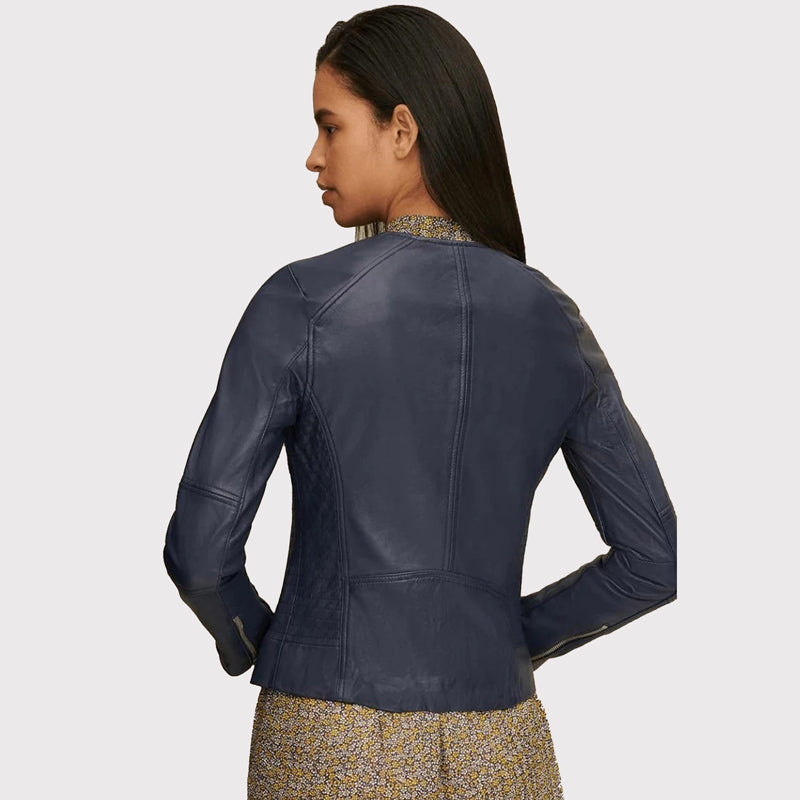 Veste en cuir bleu classique à col ras du cou pour femme